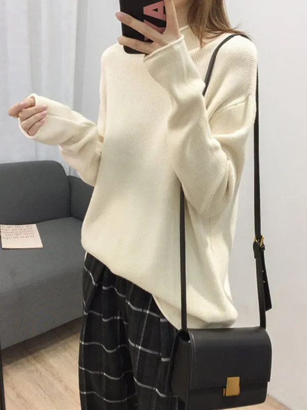 Casual Loose Long Sleeves Solid Color Half Turtleneck Sweater Tops