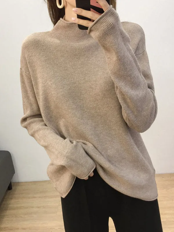 Casual Loose Long Sleeves Solid Color Half Turtleneck Sweater Tops