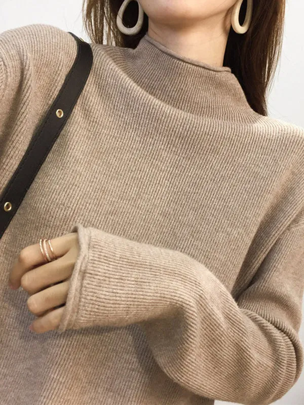 Casual Loose Long Sleeves Solid Color Half Turtleneck Sweater Tops