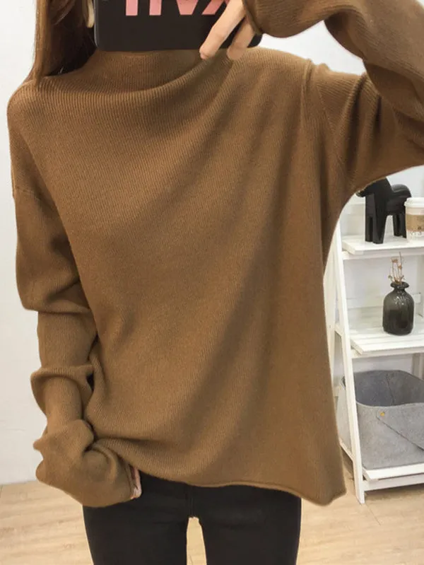 Casual Loose Long Sleeves Solid Color Half Turtleneck Sweater Tops