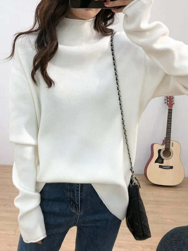 Casual Loose Long Sleeves Solid Color Half Turtleneck Sweater Tops