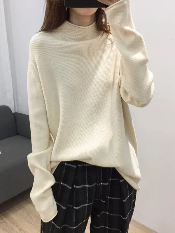 Casual Loose Long Sleeves Solid Color Half Turtleneck Sweater Tops