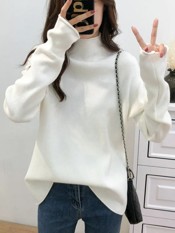 Casual Loose Long Sleeves Solid Color Half Turtleneck Sweater Tops