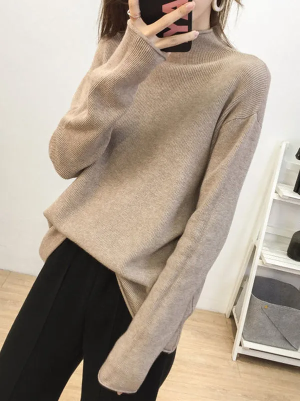 Casual Loose Long Sleeves Solid Color Half Turtleneck Sweater Tops