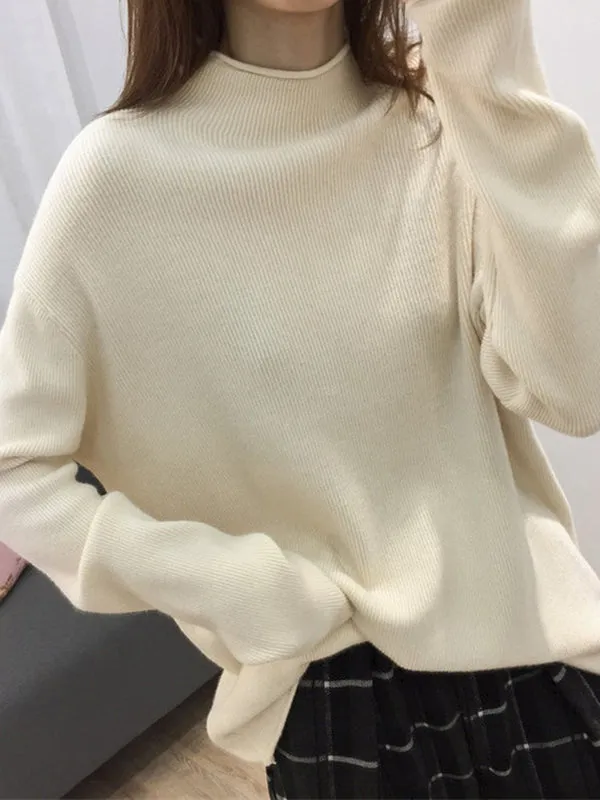 Casual Loose Long Sleeves Solid Color Half Turtleneck Sweater Tops