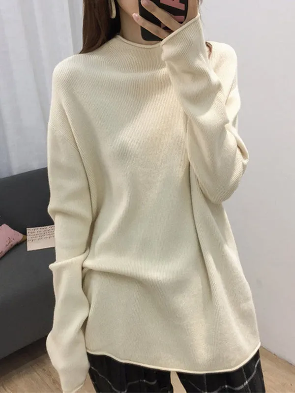 Casual Loose Long Sleeves Solid Color Half Turtleneck Sweater Tops