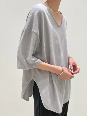 Casual Loose Split-Side Solid Color V-Neck T-Shirts Tops