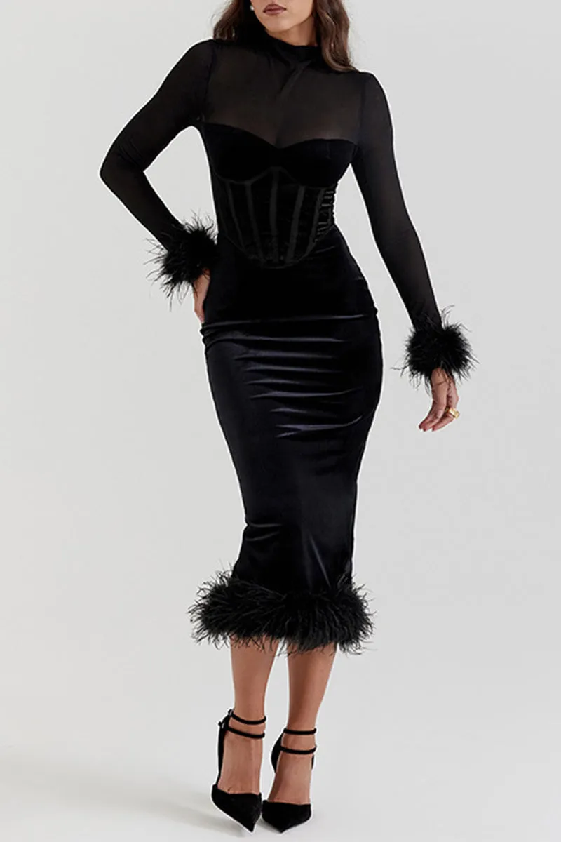 Celebrities Elegant Solid Feathers Turtleneck Waist Skirt Dresses