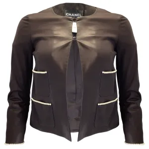 Chanel Brown Pearl Embellished Silk Lined Lambskin Leather Jacket