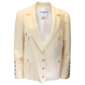 Chanel Ivory 2007 CC Logo Buttoned Raw Edge Military Style Jacket