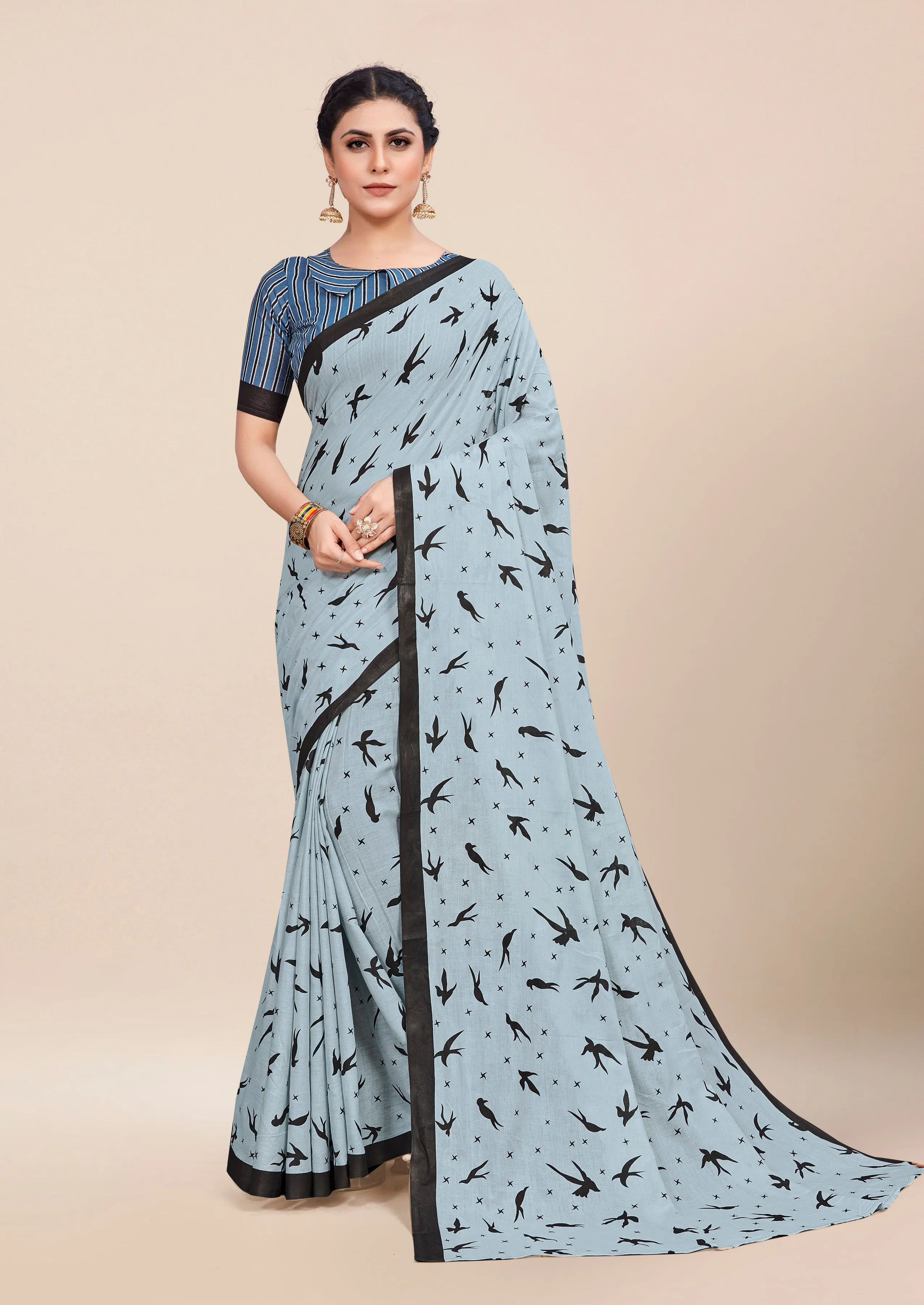 Charming Pure Cotton Jaipur Block Panchhi Print Saree