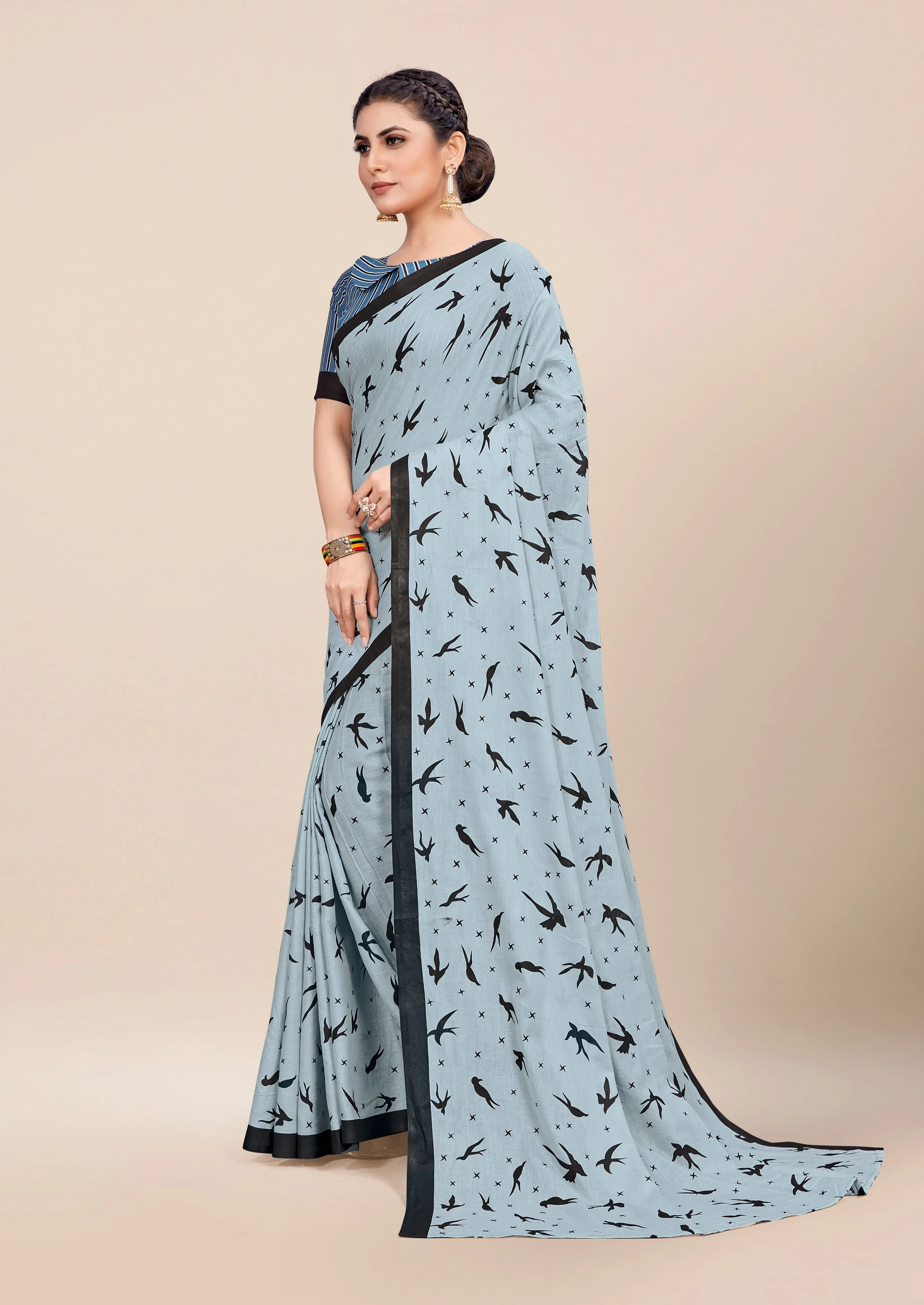 Charming Pure Cotton Jaipur Block Panchhi Print Saree