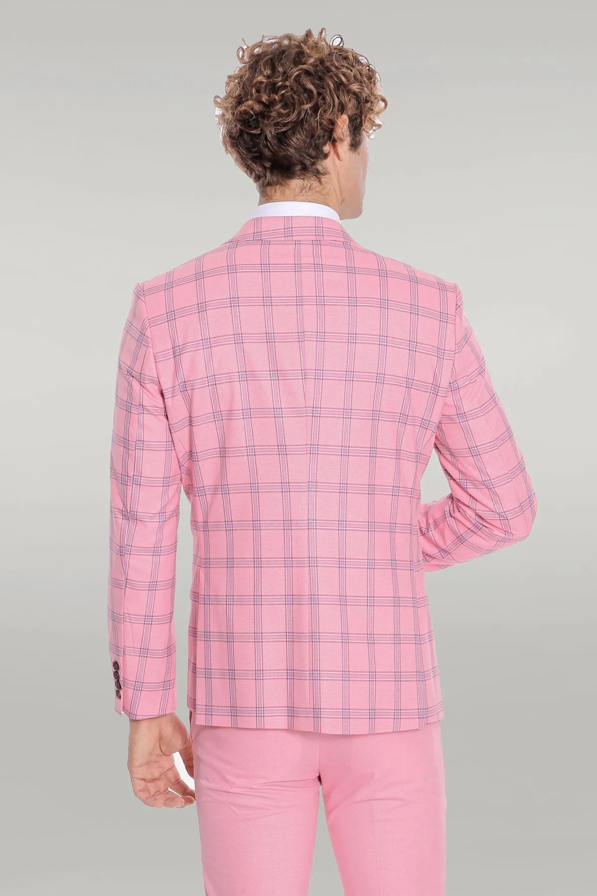 Checked Patterned Slim Fit Pink Men Suit - Wessi