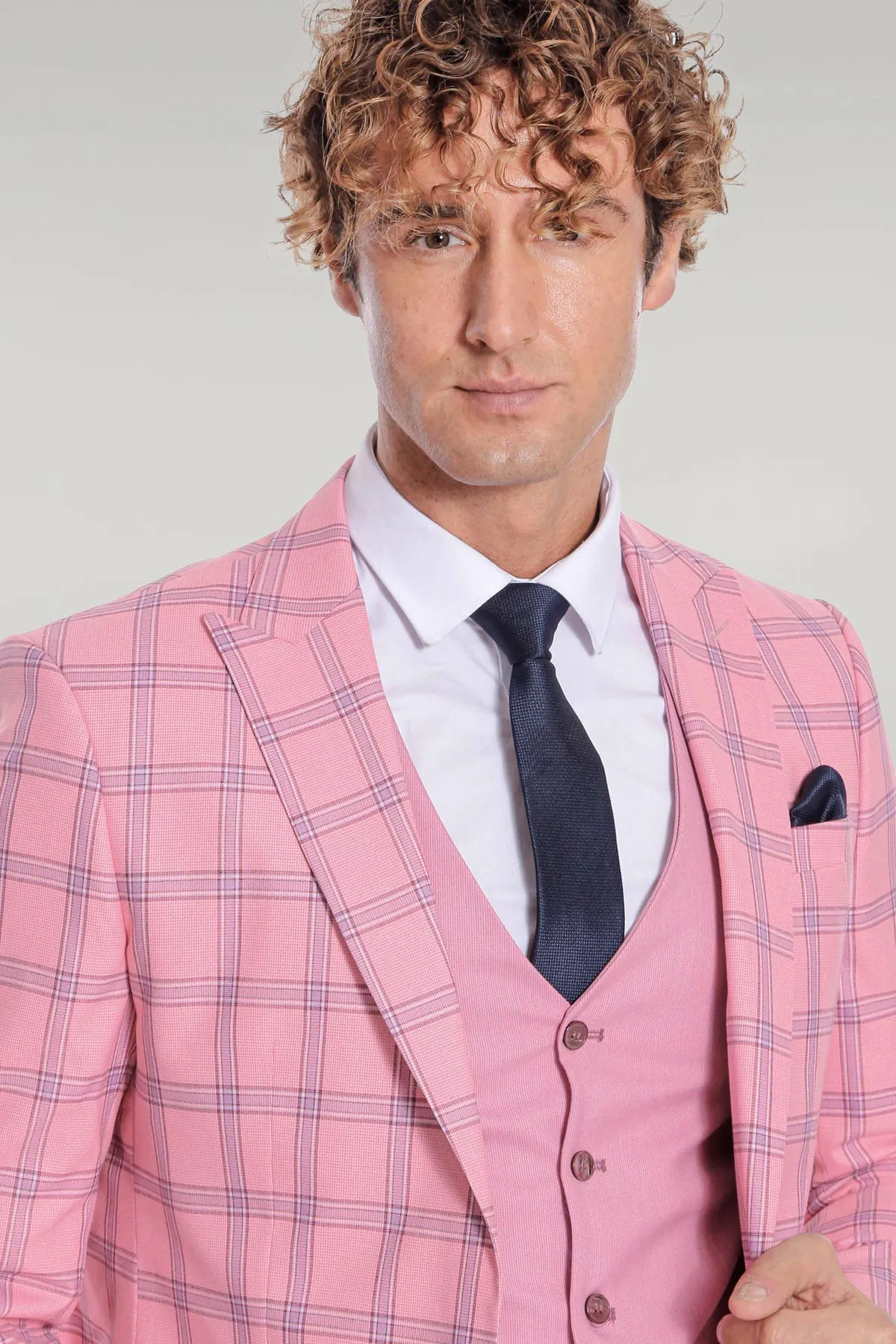 Checked Patterned Slim Fit Pink Men Suit - Wessi