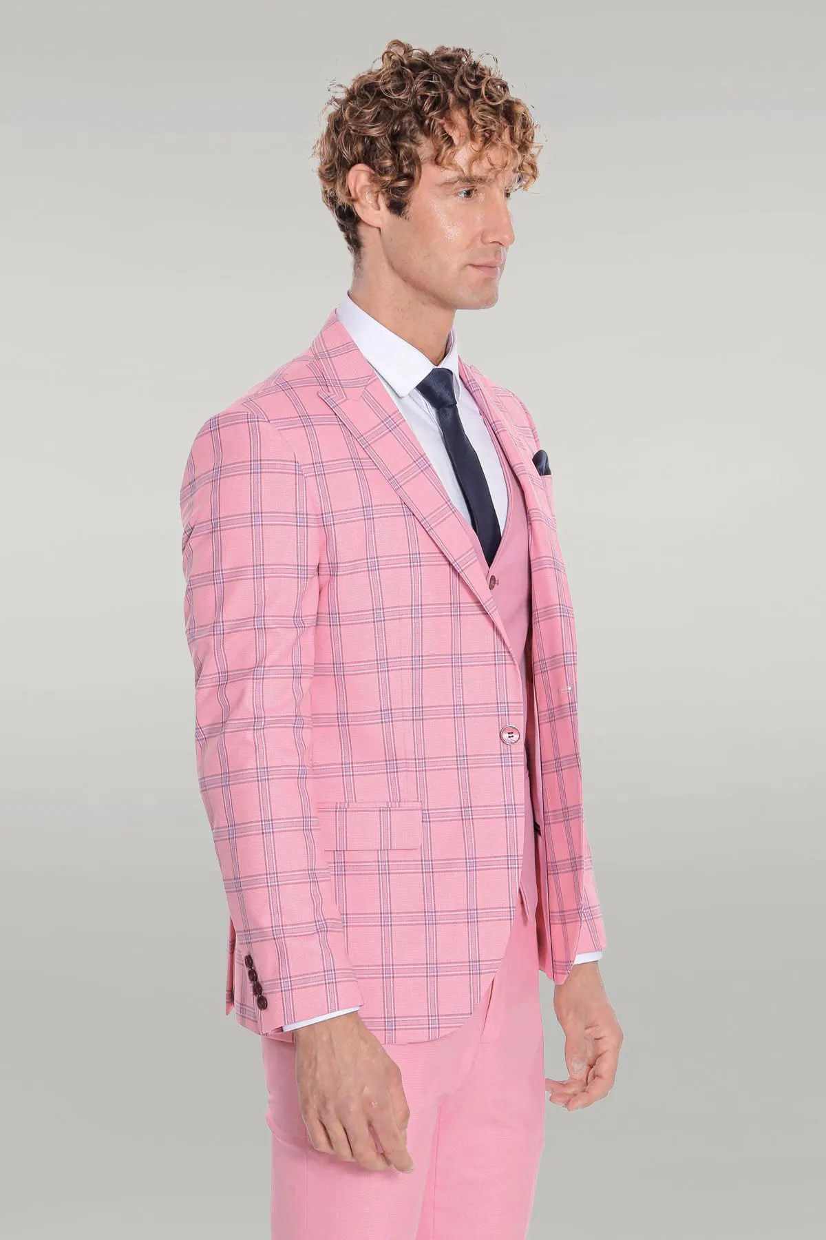 Checked Patterned Slim Fit Pink Men Suit - Wessi