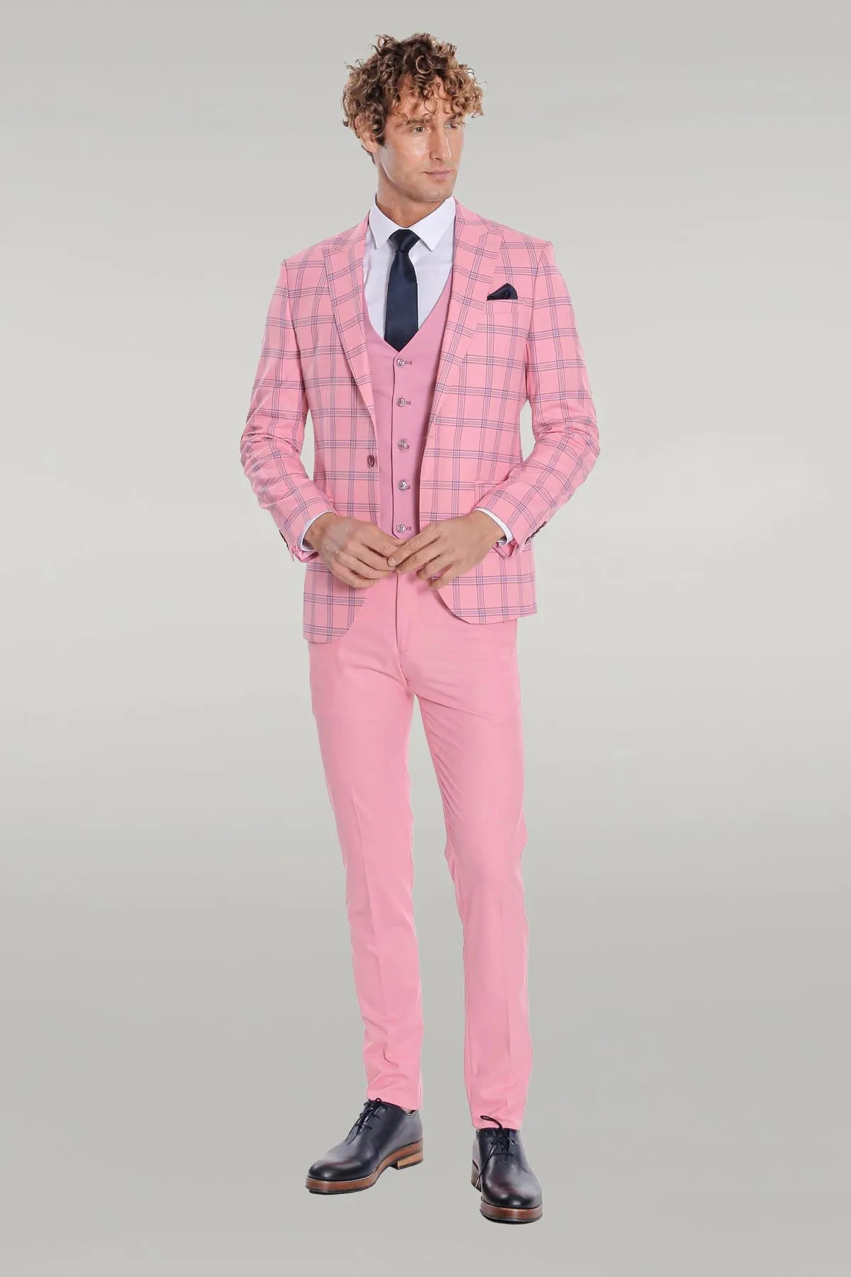 Checked Patterned Slim Fit Pink Men Suit - Wessi