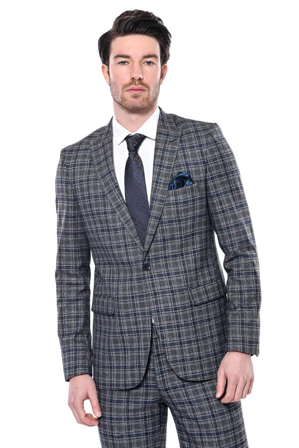 Checked Slim-Fit Navy Blue Men Blazer - Wessi