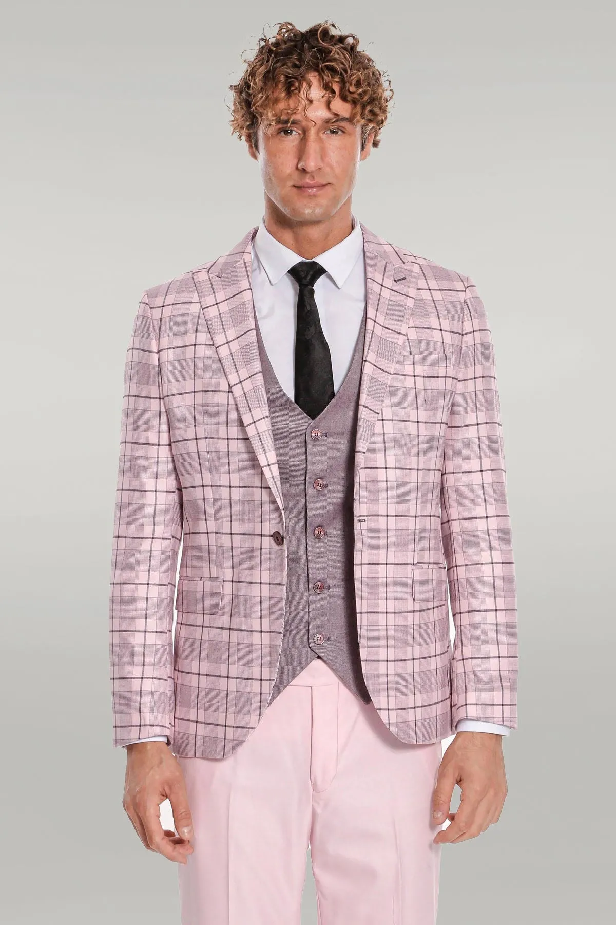 Checked Slim Fit Pink Men Suit - Wessi