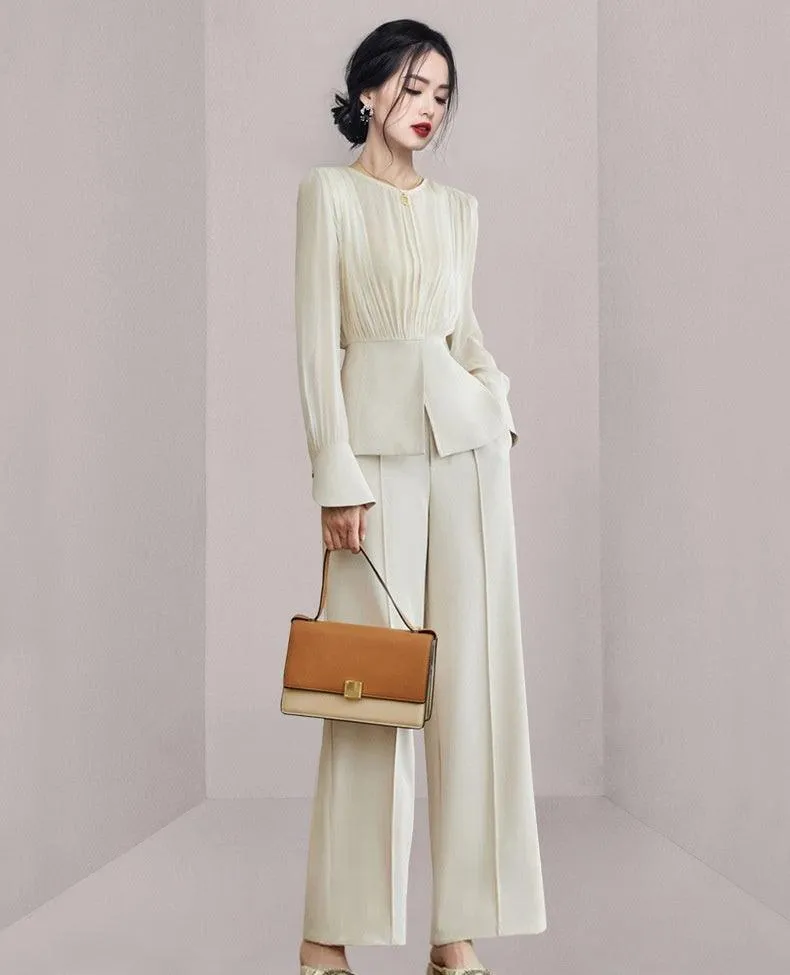 Chic Beige Apricot Long Sleeve Two-Piece Set with Wide-Leg Pants