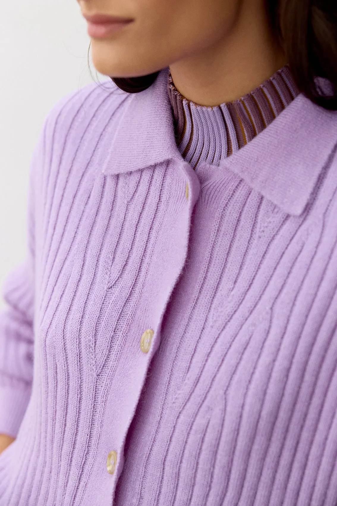 Collared Ribbed Cardigan Baby Alpaca - Lavanda