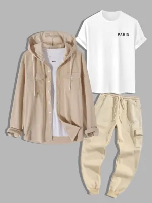 Corduroy Shirt And Letter Printed T Shirt And Embroidered Pants Set