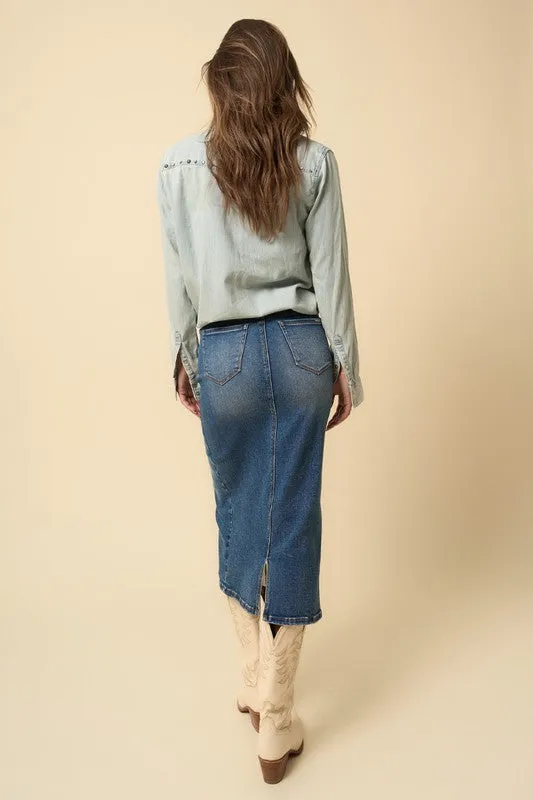 Crossover Denim Midi Skirt