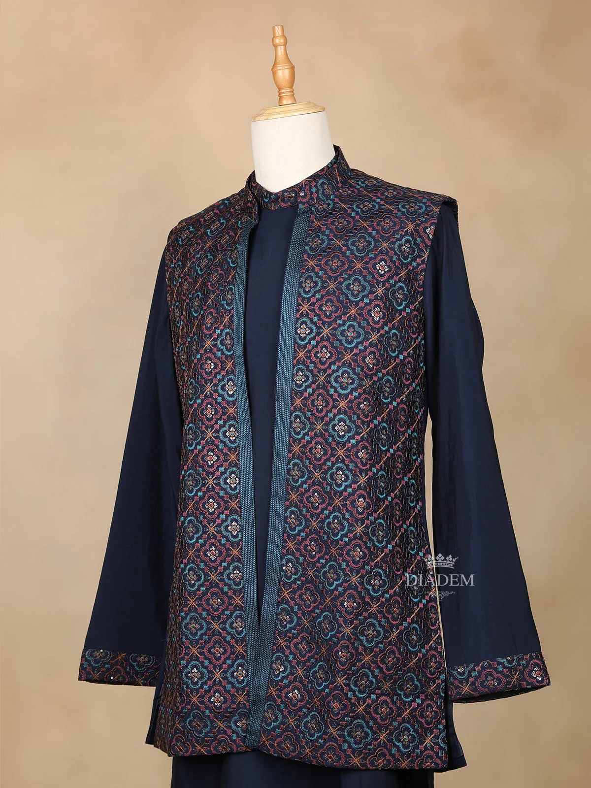 Dark Blue Raw Silk Embroidery Indo-Western Sherwani Suit, with Pant