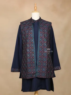 Dark Blue Raw Silk Embroidery Indo-Western Sherwani Suit, with Pant