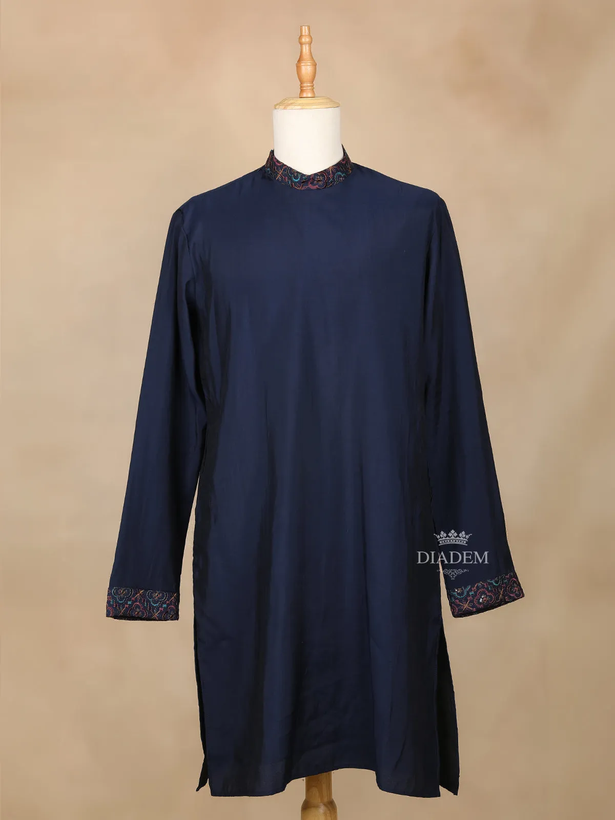 Dark Blue Raw Silk Embroidery Indo-Western Sherwani Suit, with Pant