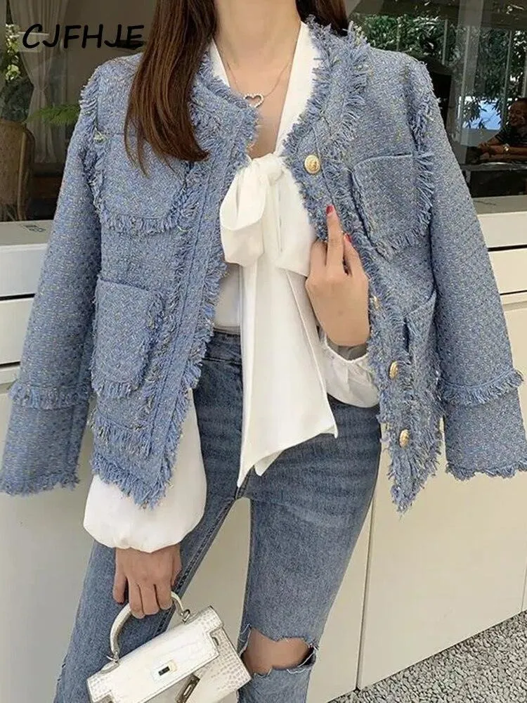 Elegant Blue Tassel Tweed Jacket Women