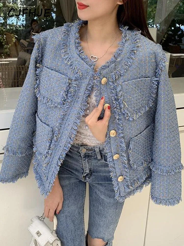 Elegant Blue Tassel Tweed Jacket Women