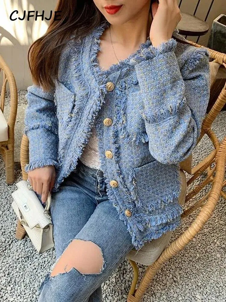 Elegant Blue Tassel Tweed Jacket Women