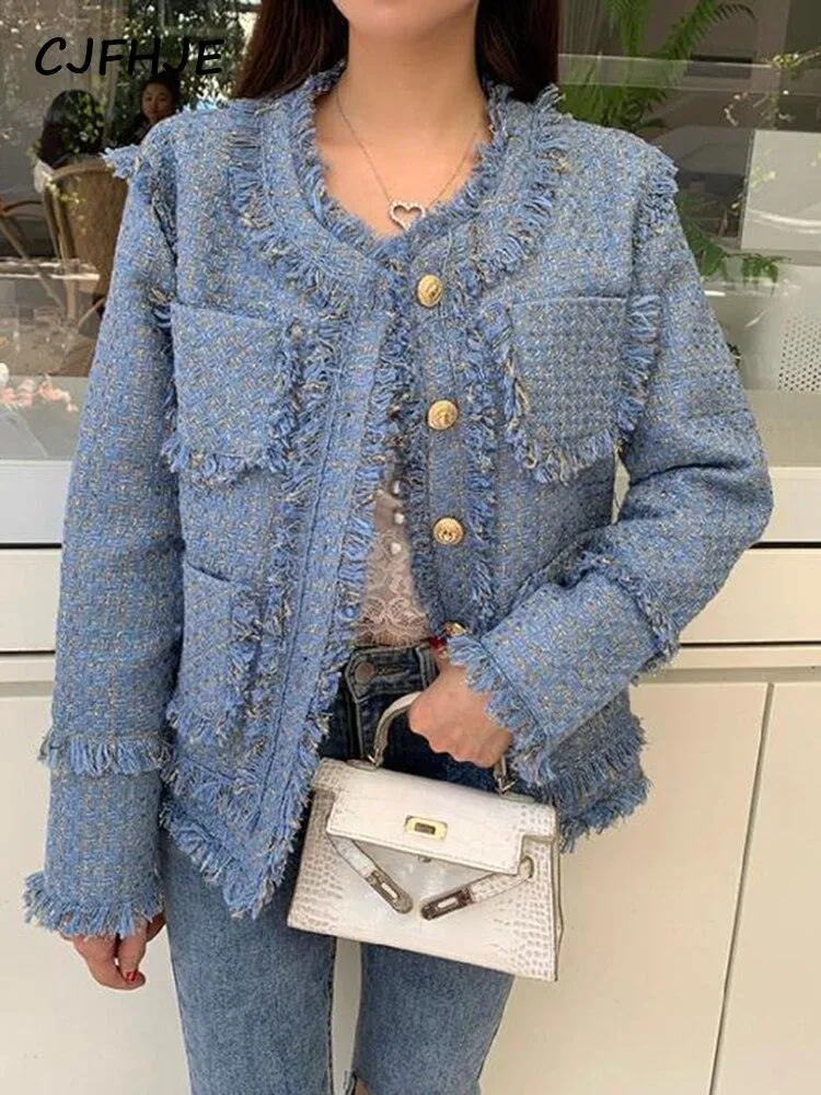 Elegant Blue Tassel Tweed Jacket Women