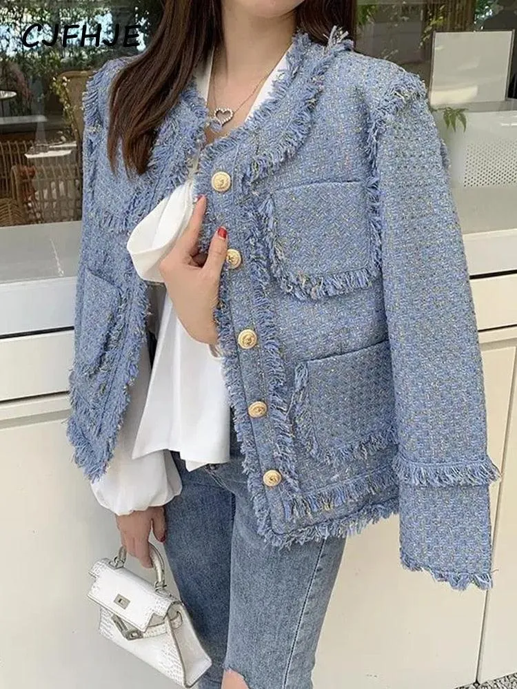 Elegant Blue Tassel Tweed Jacket Women