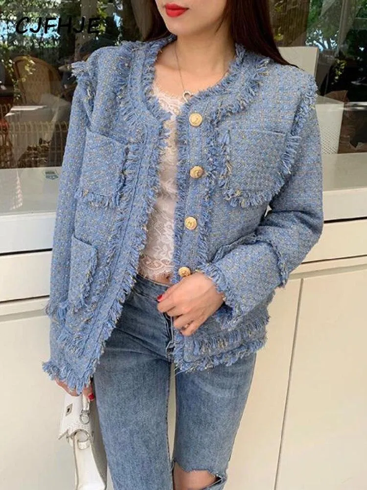 Elegant Blue Tassel Tweed Jacket Women