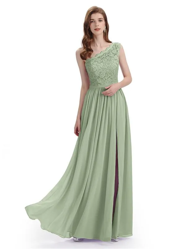 Elegant One Shoulder Side Slit Floor Lenght Bridesmaid Dresses