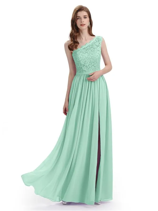 Elegant One Shoulder Side Slit Floor Lenght Bridesmaid Dresses