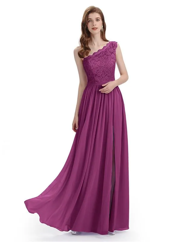 Elegant One Shoulder Side Slit Floor Lenght Bridesmaid Dresses