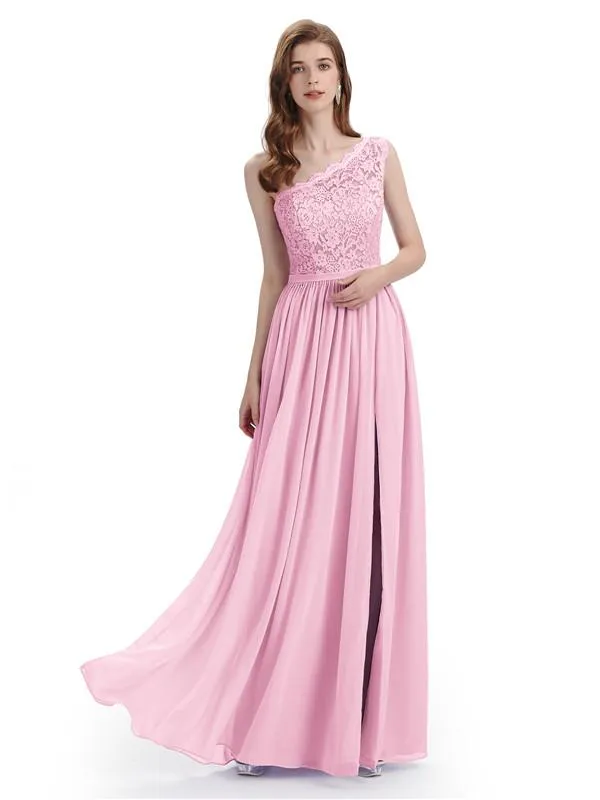 Elegant One Shoulder Side Slit Floor Lenght Bridesmaid Dresses