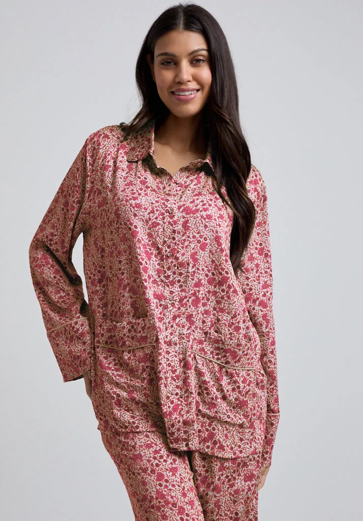 Evie Long Sleeve Aster Print Pyjama Set In Pink