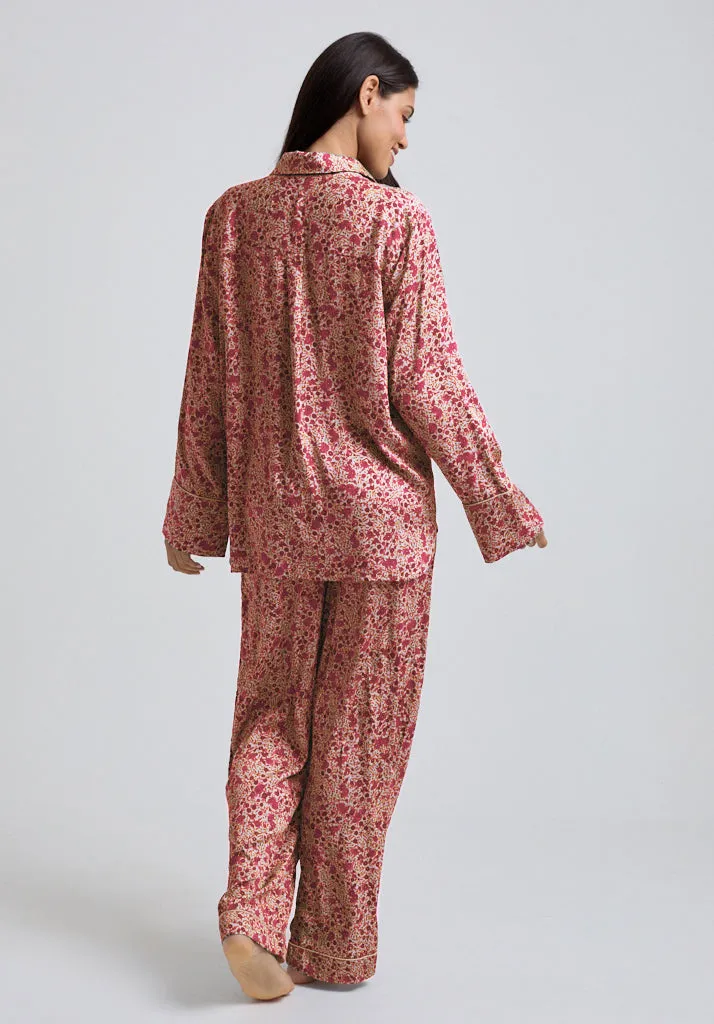 Evie Long Sleeve Aster Print Pyjama Set In Pink