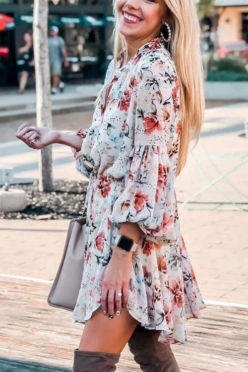 Floral Print Long Sleeve Mini Dress