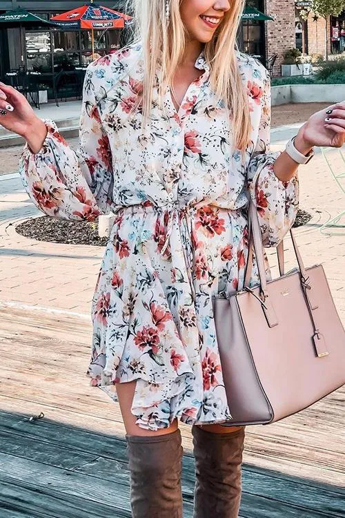 Floral Print Long Sleeve Mini Dress