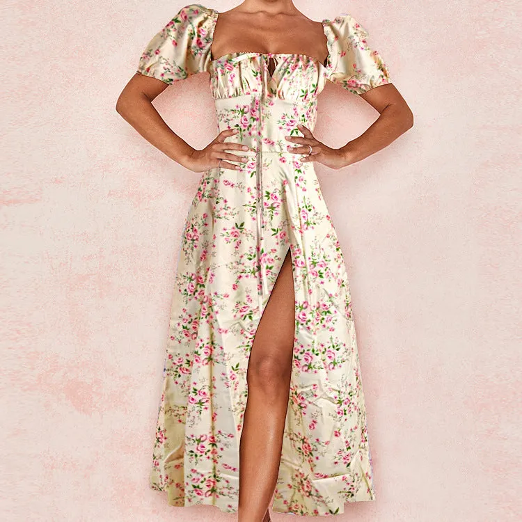 French Floral Backless Midi Dress