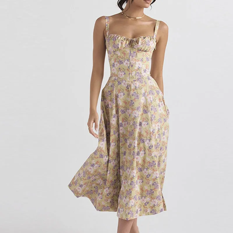 French Floral Backless Midi Dress