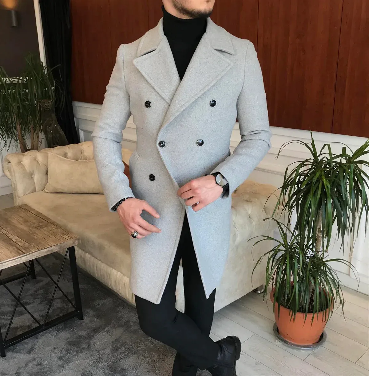 Frost Slim Fit Light Grey Double Breasted Wool Coat by ITALIAN VEGA®