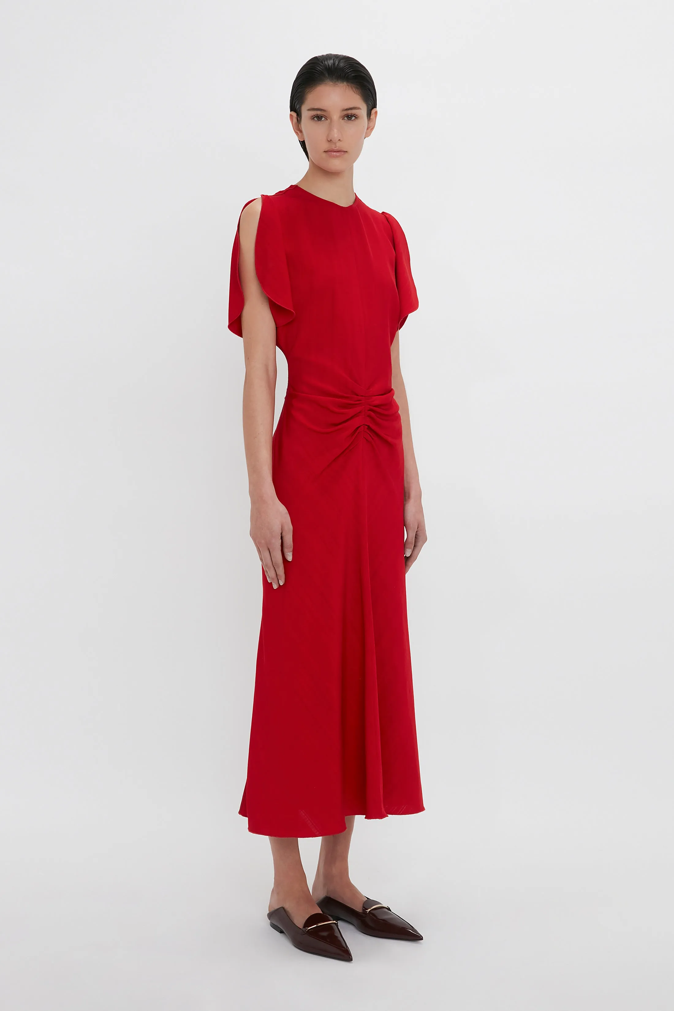 Gathered Waist Midi Dress In Carmine