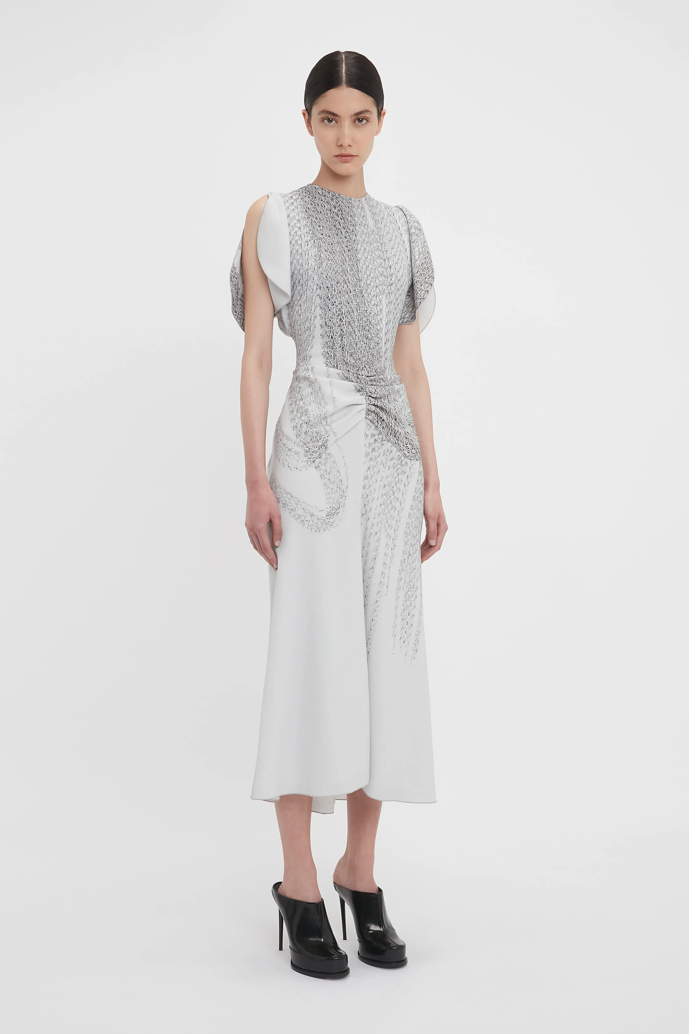 Gathered Waist Midi Dress In Grey Mist-Silver Chain Print