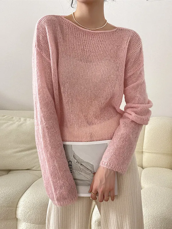 Gentle Mohair Knitted Loose Long Sleeves Solid Color Thin Sweater Tops