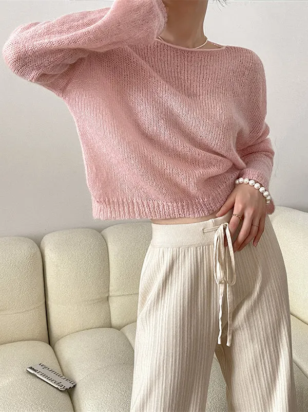 Gentle Mohair Knitted Loose Long Sleeves Solid Color Thin Sweater Tops